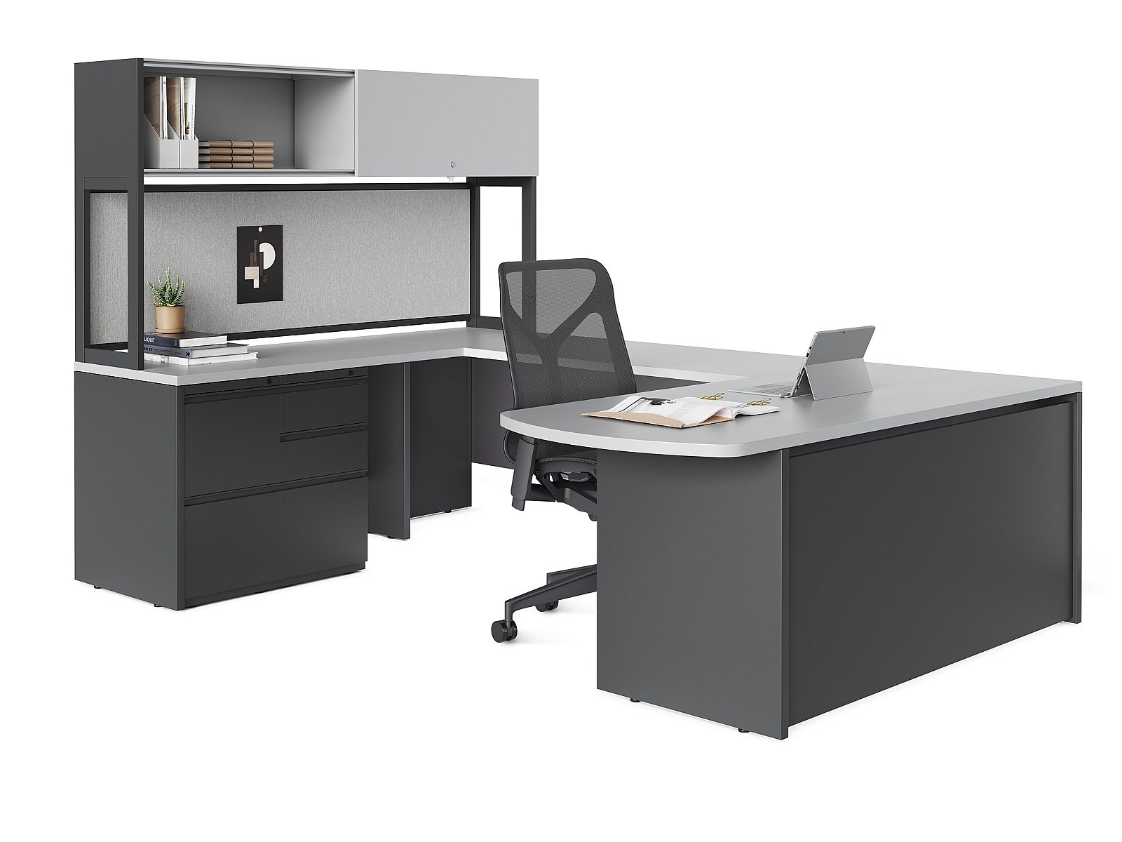 graphite metal desk chassis with light gray work surfaces