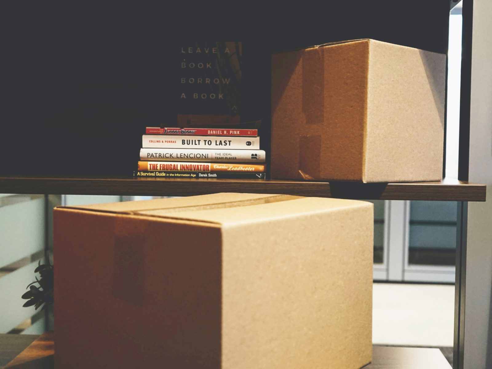 boxes on open shelving