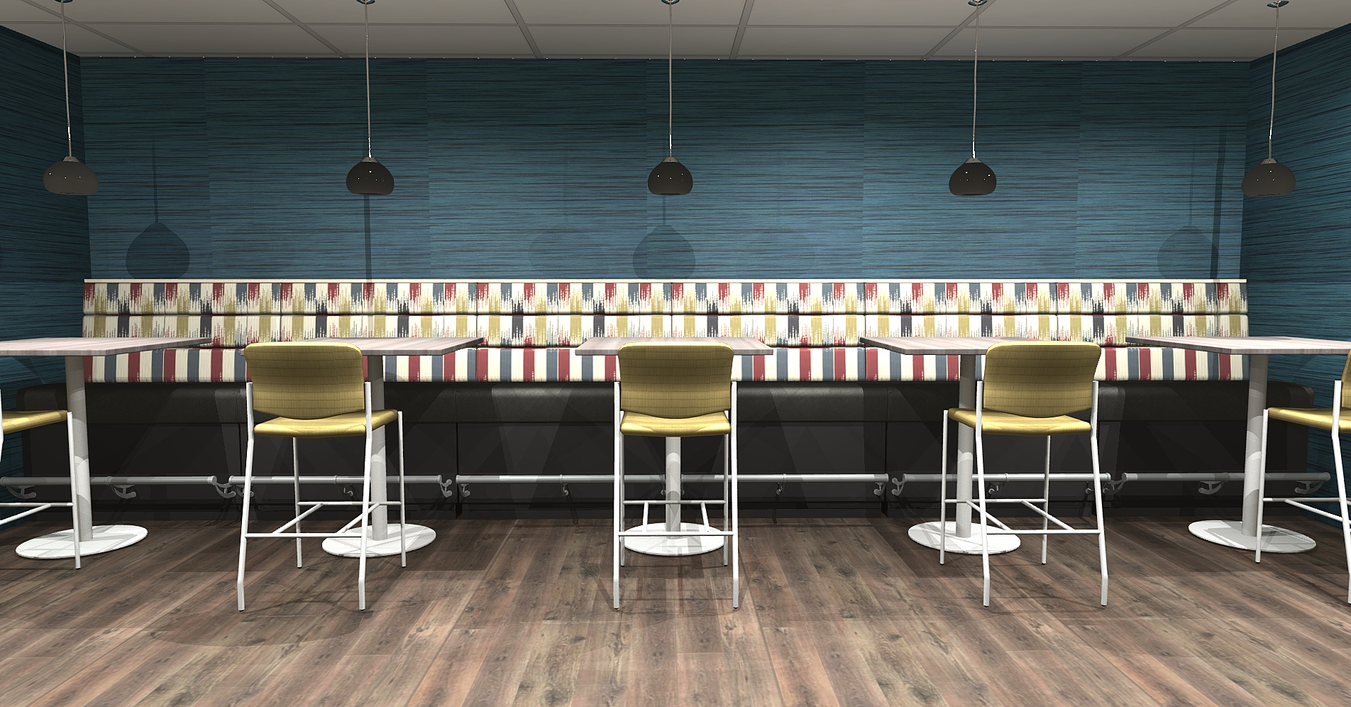 multi colored banquette seating with yellow stools and blue wallcovering
