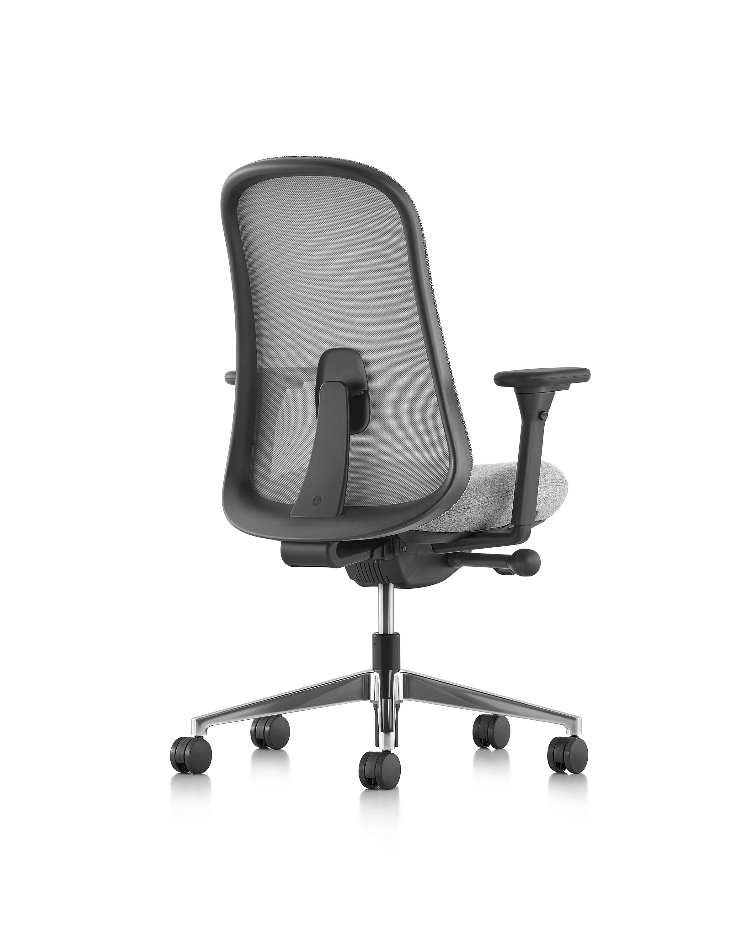 rear view of graphite Lino task chair with light gray fabric seat