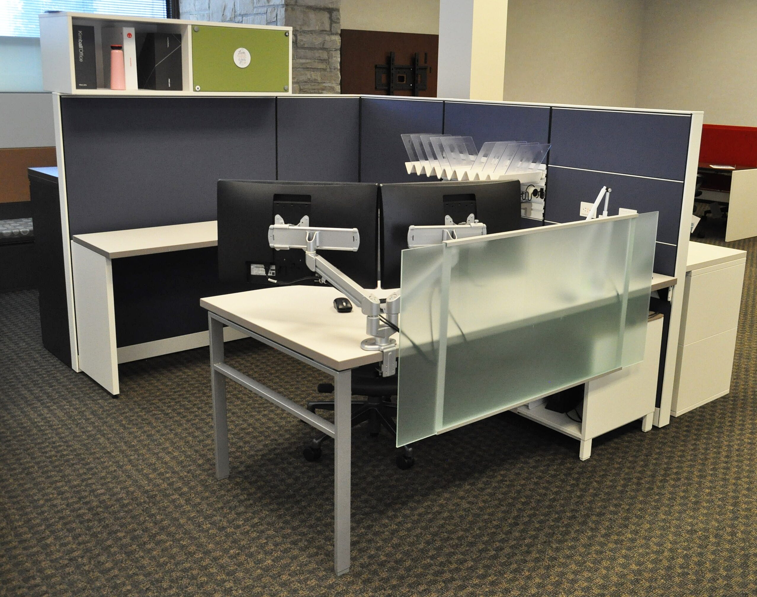 Canvas Wall workstation with white trim and blue fabric tiles
