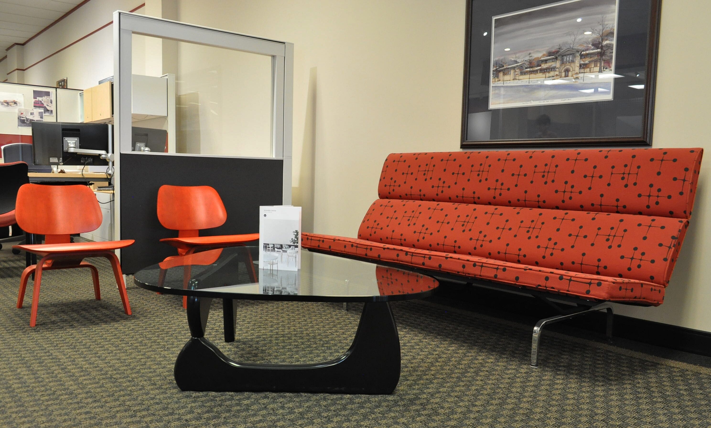 Red Molded Plywood chairs and red Conpact Sofa