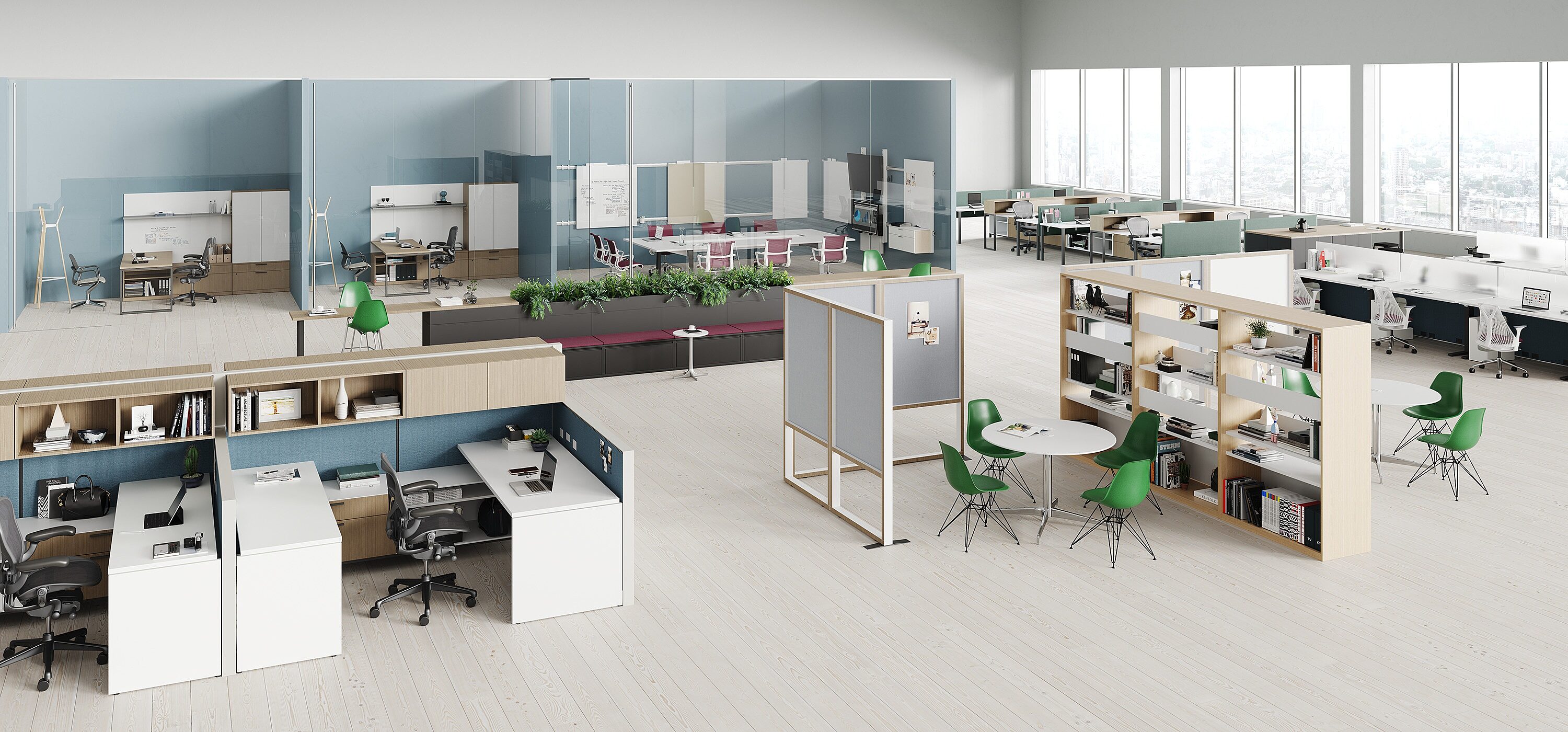 office floorplate on light laminate plank flooring with white workstations and ask storage