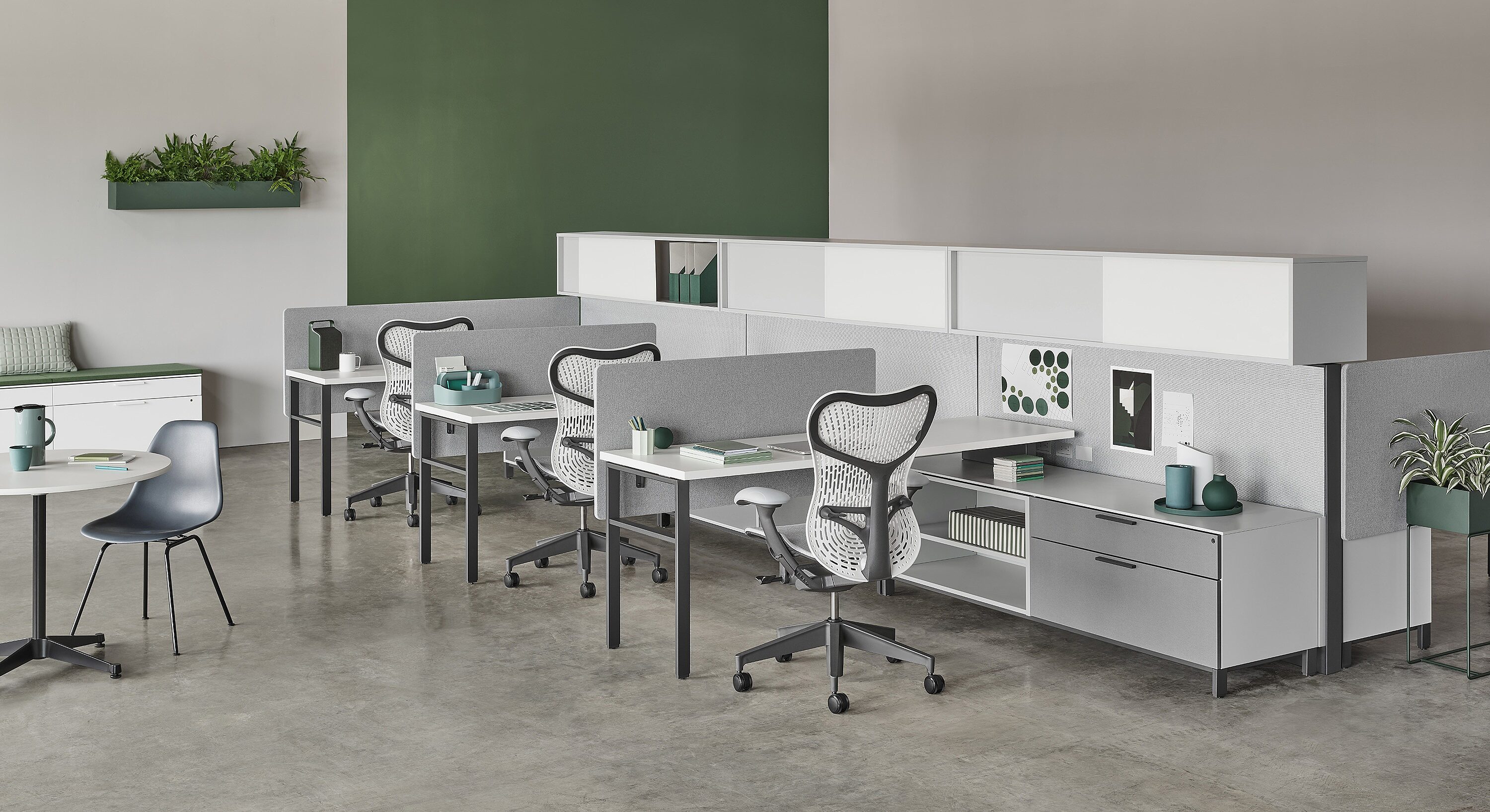 white and gray Canvas Wall workstations with green wall