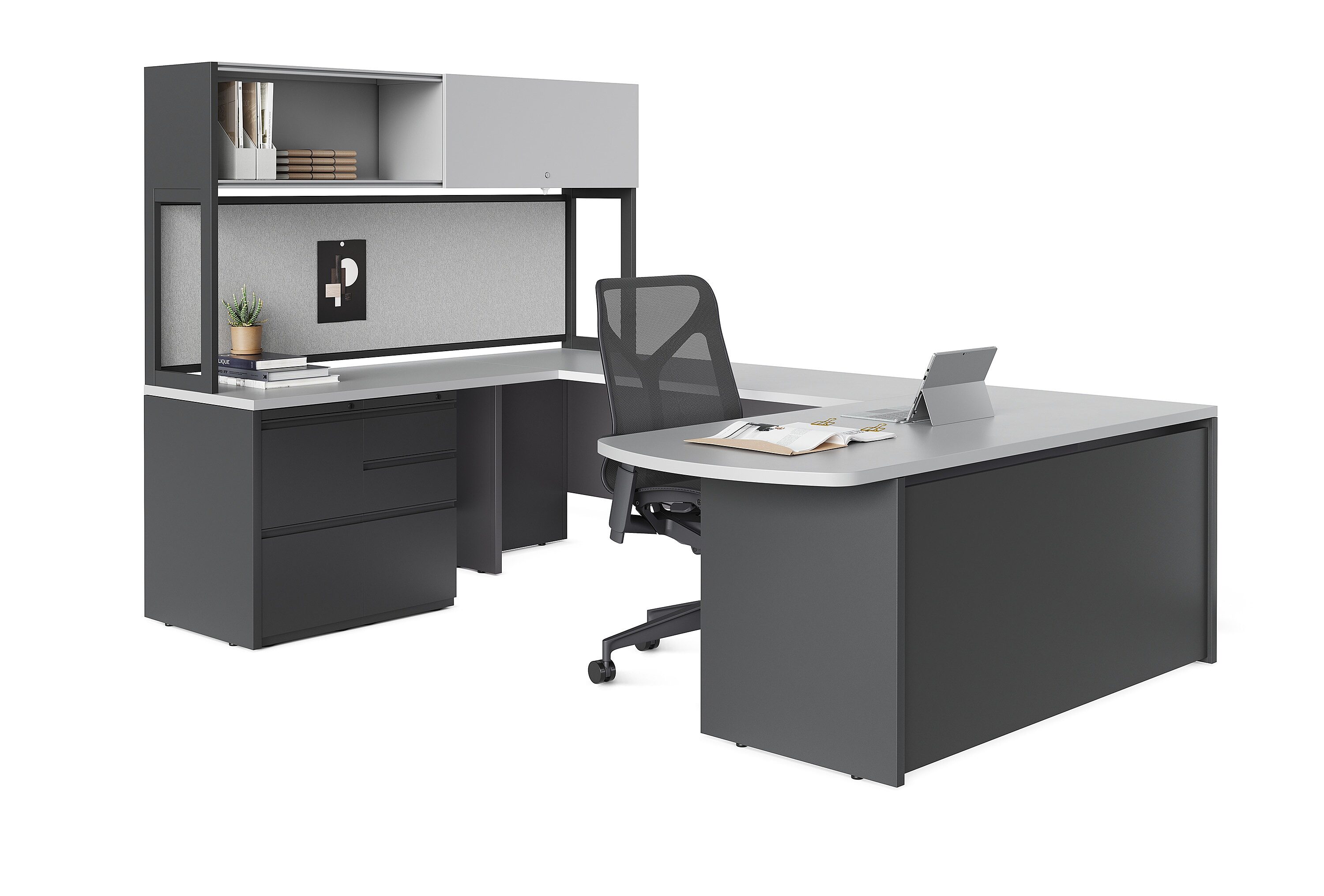 graphite metal desk chassis with light gray work surfaces
