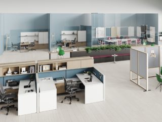 office floorplate on light laminate plank flooring with white workstations and ask storage