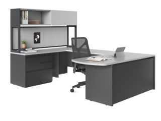 graphite metal desk chassis with light gray work surfaces