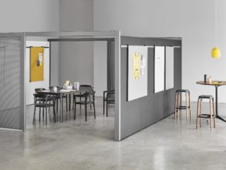 gray walls create modular meeting room
