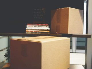 boxes on open shelving