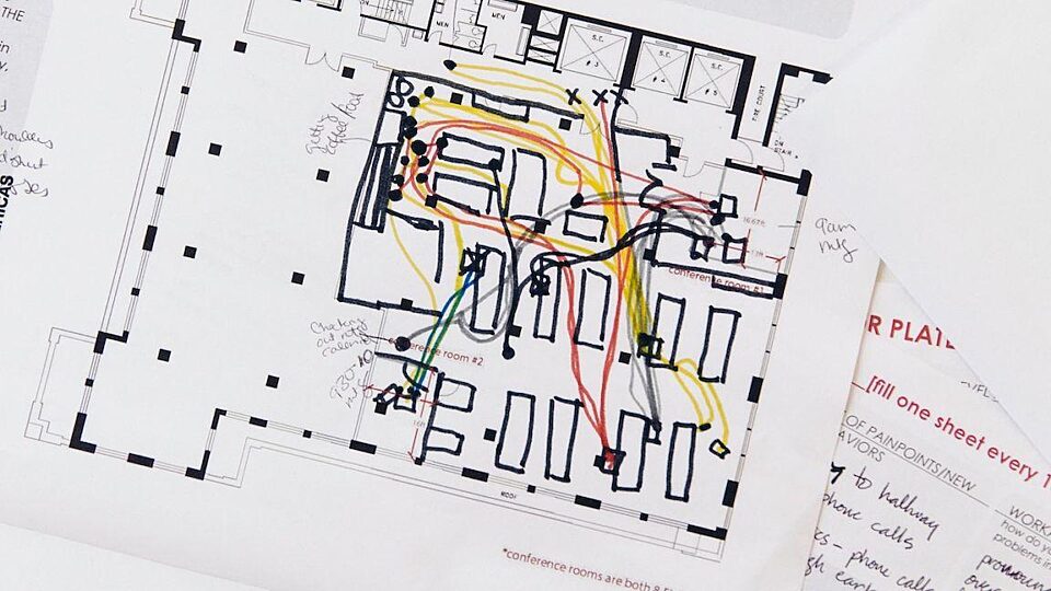 yellow lines drawing adjacencies on sketch paper